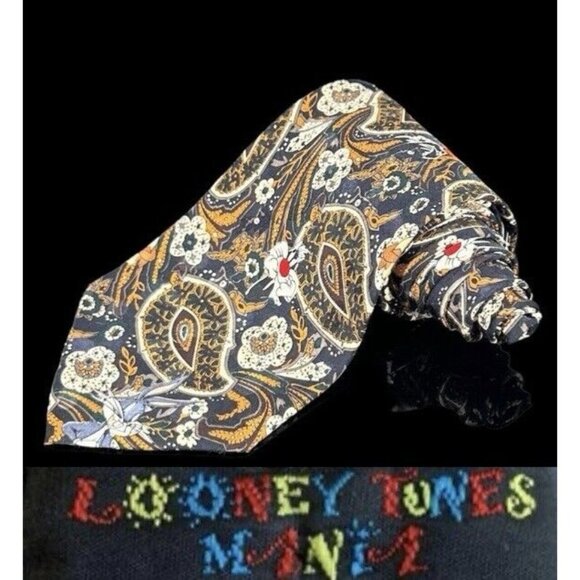 Looney Tunes Other - Looney Tunes Mania Mens Necktie Blue Paisley 1994 Cartoon Sylvester Coyote Bugs